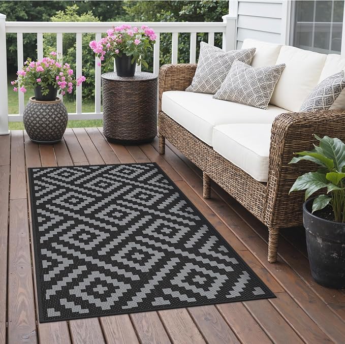 GENIMO Outdoor Rug 3'x5' Waterproof for Porch, Plastic Door Mat Black Grey | Outside Modern Carpet for Patio Decor, Balcony, Deck, Backyard, Picnic, Camping, RV, Reversible, Foldable, Lightweight