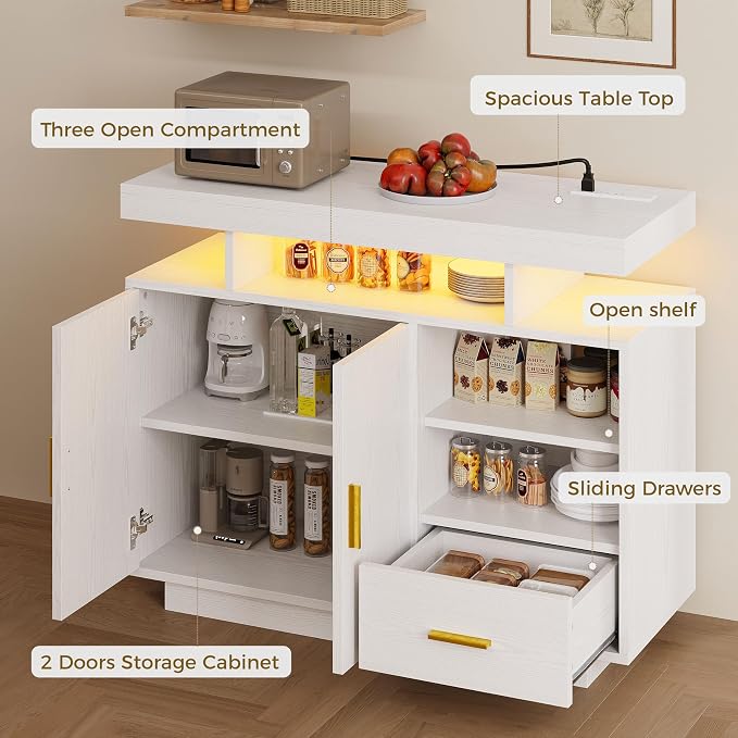IRONCK Buffet Cabinet with Storage, Sideboard Cabinet with Outlet, White | Power Outlet with 3 AC Outlets and 2 USB Ports. Drawer, Door and Open Shelves. 60,000-color LED. Cable Management Hole.
