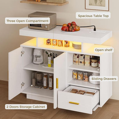 IRONCK Buffet Cabinet with Storage, Sideboard Cabinet with Outlet, White | Power Outlet with 3 AC Outlets and 2 USB Ports. Drawer, Door and Open Shelves. 60,000-color LED. Cable Management Hole.