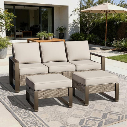 Joyside Outdoor Patio Sofa, 4 Pieces Wicker Rattan Furniture Set, 1 Patio Couch and 2 Ottoman, Metal Wide Armrest, Thick Cushions and Deep Seating for Garden, Backyard, Porch, Deck