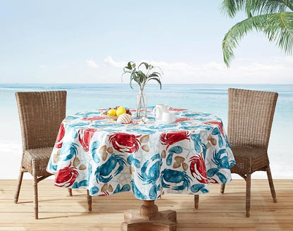 Newbridge Stone Crab Summer Vinyl Flannel Backed Tablecloth, 70 Inch Round, Coastal Crab Print, Waterproof Indoor Outdoor Table Cover, Beach House Nautical Seafood Boil Patio Dining
