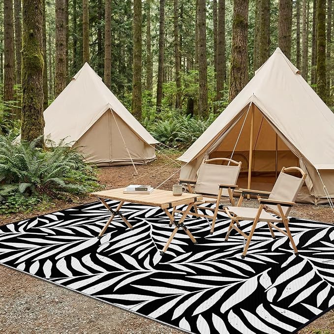 Smiry Outdoor Rug 9x12 ft Waterproof Reversible Leaf Mat, Black & White | Polypropylene Plastic Straw, Quick Drying, Lightweight Foldable, for Patio, Deck, RV Camping, Backyard and Indoor Outdoor Use