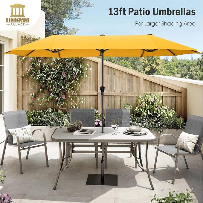 HERA'S PALACE 13 ft Large Double-Sided Twin Patio Umbrella, Outdoor Market Umbrella with Crank Handle, Powerful UV Protective, Gold Yellow