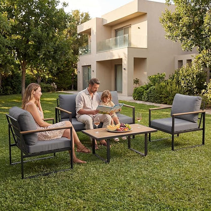 GarveeLife 4 Piece Outdoor Patio Furniture Set with Wood Coffee Table, Iron Frame Conversation Set, Gray Cushioned Chairs and Sofa for Balcony, Patio, Backyard