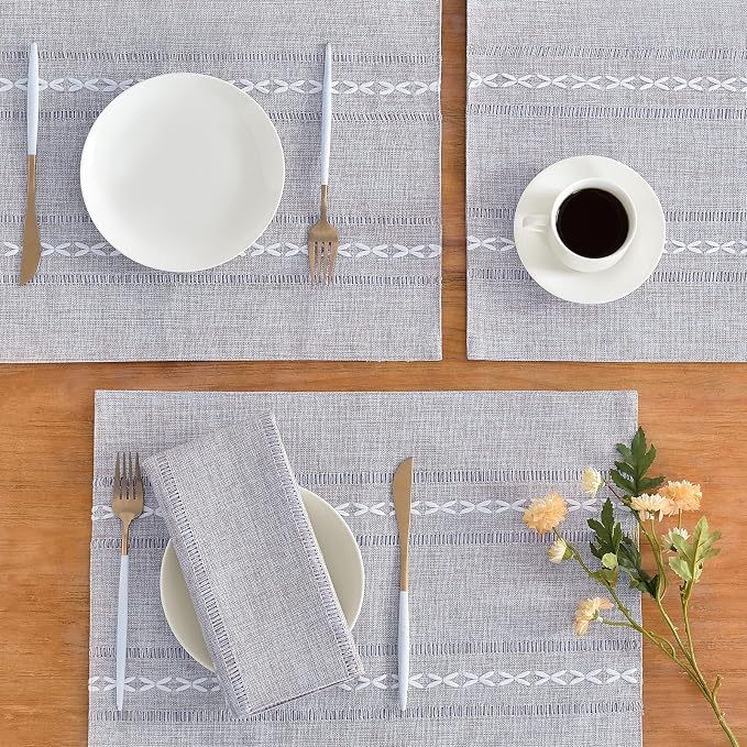 Wracra Cotton Linen Place Mats, Grey Embroidered Placemats Set of 4 | Placemats 12 x 18 Inch; Cotton Linen Woven Fabric; Heat Resistant Table Mats; Raised Embroidered Hollow Design