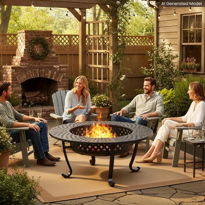 3 in 1 43" Large Fire Pit for Outside Wood Burning with 2 Adjustable Grills | Outdoor Fireplace with Lid and Fire Poker, Firepit with BBQ & Bonfire & Round Metal Table for Patio, Backyard, Deck, Yard