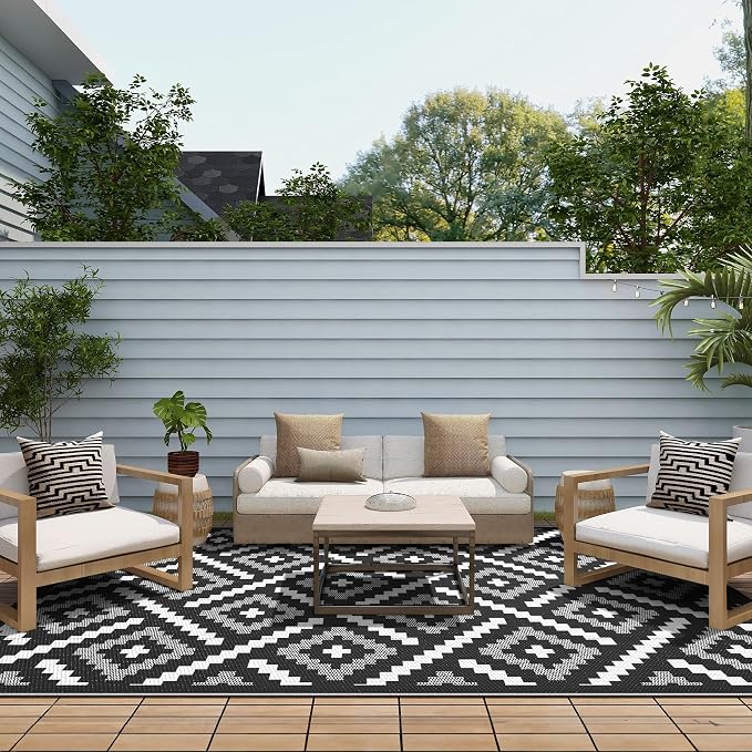 GENIMO Outdoor Rug, Waterproof Plastic Rugs for Patio, 6'x9' Ink White | Outside Larger Modern Carpet Mat for Porch Decor, Deck, Balcony, Camping, RV, Backyard, Picnic, Beach, Reversible, Foldable