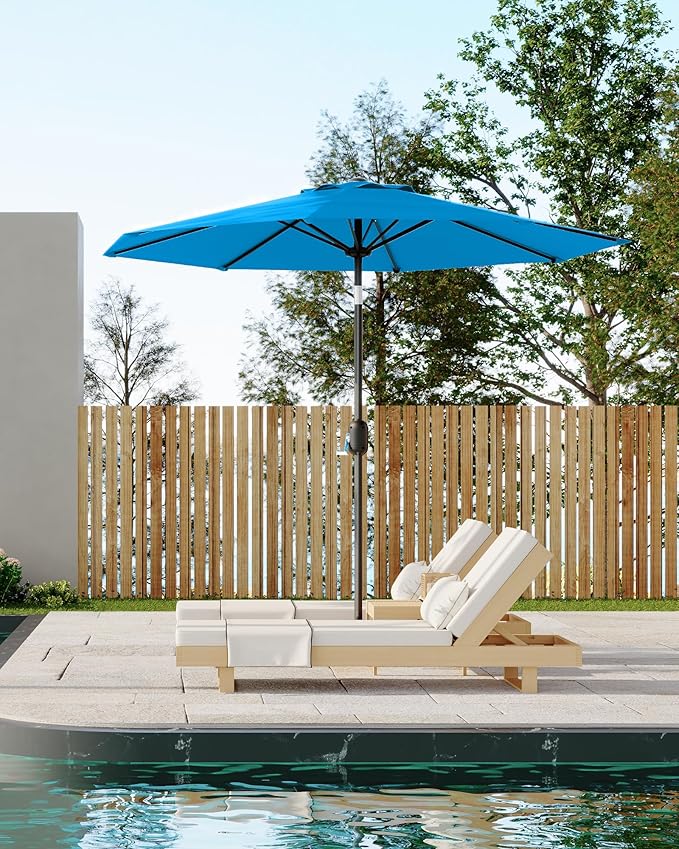 Garvee 9 ft Patio Umbrella - 8 Sturdy Ribs Outdoor Table Umbrella with Crank Lift & Push Button Tilt - Market Umbrella for Pool, Deck, Yard, Garden - Azure