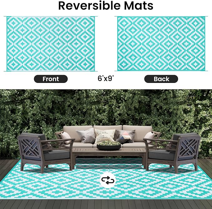 Smiry Outdoor Rug 6x9 ft Waterproof Reversible Boho Mat, White & Teal | Polypropylene Plastic Straw, Quick Drying, Lightweight Foldable, for Patio, Deck, RV Camping, Backyard and Indoor Outdoor Use
