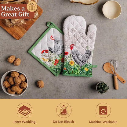 Maison d' Hermine Pot Holders 100% Cotton Heat Resistant Potholders 8" x 8" Hot Pads with Loop BBQ Cooking Baking Hotel Farmhouse Kitchen Handling Hot Pans Spring Summer (Pack of 1, Basse Cour)