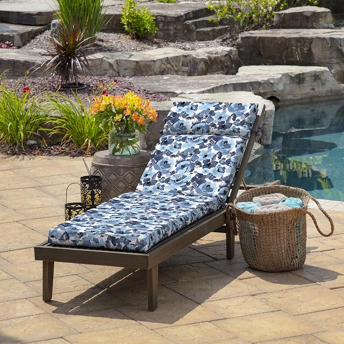 Arden Outdoor Chaise Cushion, 22x77, Blue Garden Floral | Lounge Cushion, Rain-Proof, Fade Resistant, Mold and Mildew Resistant