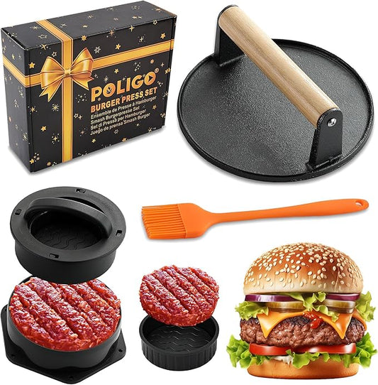 POLIGO Smash Burger Press Kit - 4 in 1 Hamburger Patty Storage Containers, 6.69" Cast Iron Smash Bacon Press - Non Stick Smash Burger Press Set for Grill and Griddle Cooking, Black Round