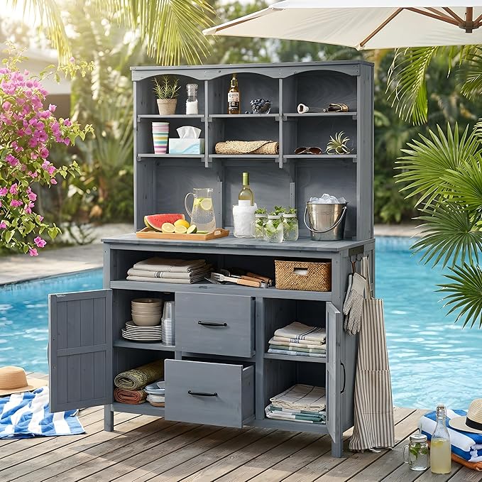 Merax 45.3" Large Outdoor Fir Wood Potting Bench with Storage, Multi-Functional Patio Kitchen Island with 6-Shelf Hutch+2 Cabinets+2 Drawers+3 Hooks, Garden Workstation for Planting, Gardening, Gray