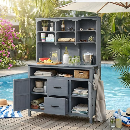 Merax 45.3" Large Outdoor Fir Wood Potting Bench with Storage, Multi-Functional Patio Kitchen Island with 6-Shelf Hutch+2 Cabinets+2 Drawers+3 Hooks, Garden Workstation for Planting, Gardening, Gray