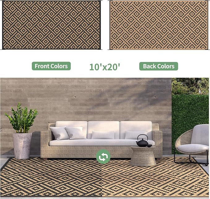GENIMO Outdoor Rug, Waterproof Plastic Rugs 10'x20' for Camping Black Brown | Outside Larger Modern Carpet Mat for Patio Decor, RV, Porch, Camper, Deck, Picnic, Beach, Backyard, Reversible, Foldable