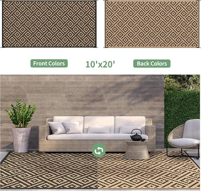 GENIMO Outdoor Rug, Waterproof Plastic Rugs 10'x20' for Camping Black Brown | Outside Larger Modern Carpet Mat for Patio Decor, RV, Porch, Camper, Deck, Picnic, Beach, Backyard, Reversible, Foldable
