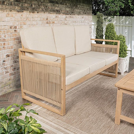 JONATHAN Y Gable Acacia Wood and Woven Rope 63" Outdoor Sofa, 3-Seater Patio Bench with Weather-Resistant Beige Cushions for Backyard and Porch, Bohemian Style, Light Teak Finish SFB1002A