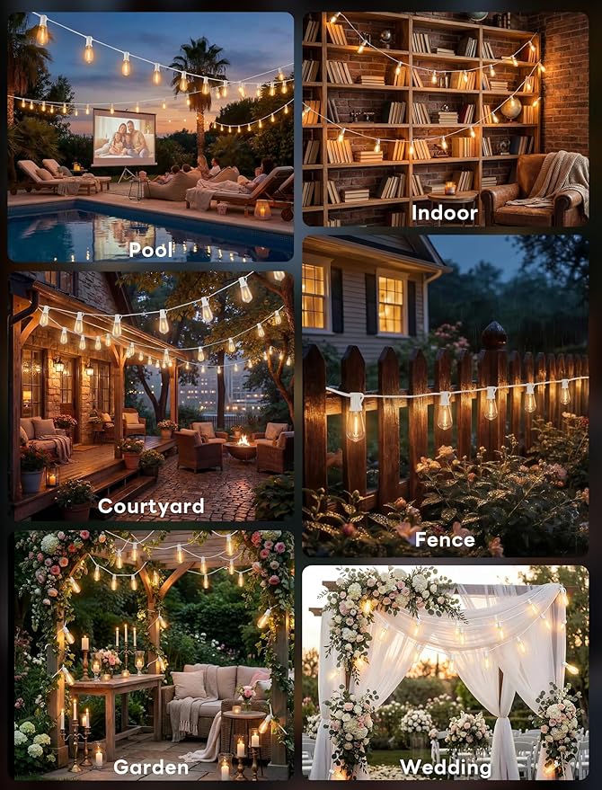 50FT Outdoor String Lights Weatherproof, Patio Lights with 25+2 Shatterproof ST40 Edison Bulbs, Commercial Grade Warm White LED String Lights for Wedding Backyard Christmas Party, White