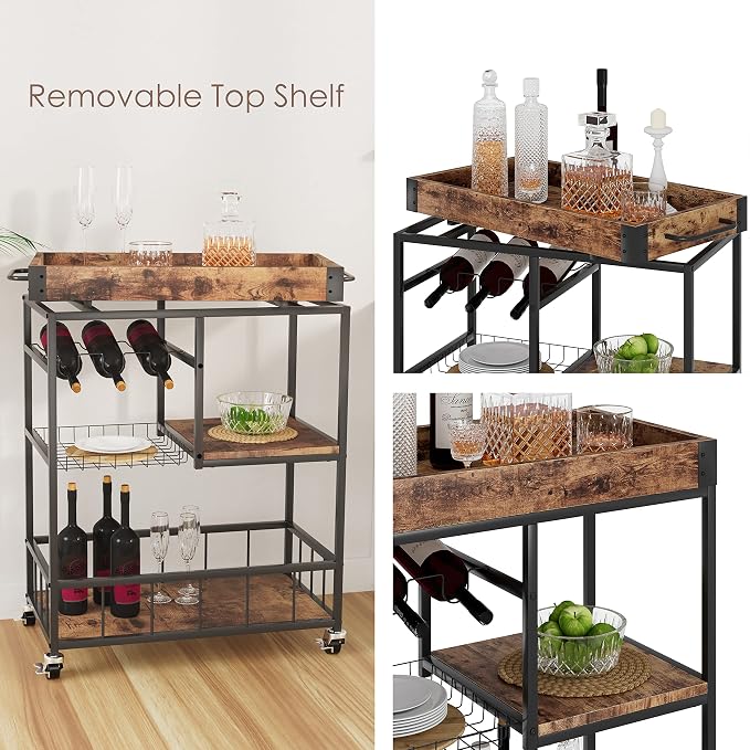 Bar Cart with Basket Wine Rack with Wheels Wood Metal Cart | Basket