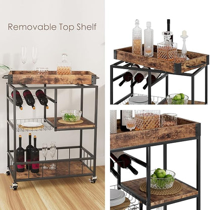 Bar Cart with Basket Wine Rack with Wheels Wood Metal Cart | Basket