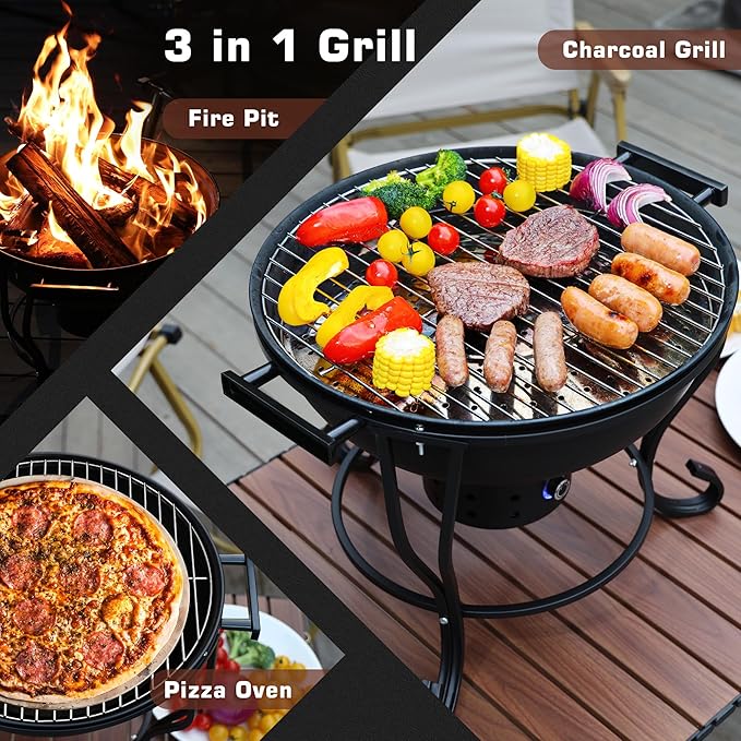 18 Inch Portable Charcoal Grill with Adjustable Fan, Outdoor BBQ Fire Pit, Easy to Light Charcoal/Wood, Small Round Kettle Smoker for Backyard Cooking, Barbeque, Camping, Black