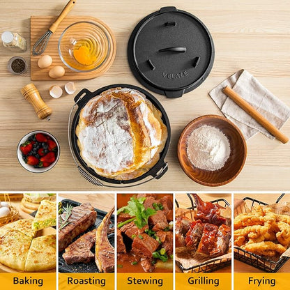 Velaze 10 QT Pre-Seasoned Cast Iron Camping Dutch Oven Pot with Lid | Comes with Metal Handles, Lid Lifter,Stand Support,Use in Oven, on Stove,Grill,or Over Campfire,Capacity for 4-8 People