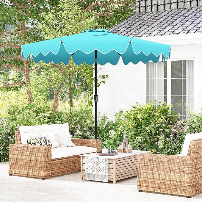Tangkula 9Ft Patio Umbrella with Crank, 2-Tier Outdoor Umbrella with Push Button Tilt, Sun-Protective Canopy, 8 Ribs, Scalloped Patio Umbrella for Outdoor Beach Deck Pool Table (Turquoise)