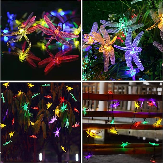 Solar Dragonfly String Light 30LED 21ft Garden Stake Lights Waterproof Outdoor Twinkle Fairy Lights with 8 Lighting Modes for Trees Patio Fence Christmas Decor (Multi-Colored)
