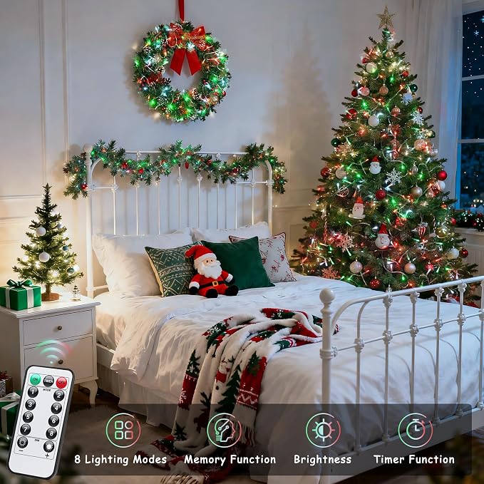 JMEXSUSS 2 Pack Red White and Green Christmas Lights Battery Operated | Each 33ft 100 LED Battery String Lights with Remote, Christmas String Lights for Tree Bedroom Porch Garland Yard Xms Decor