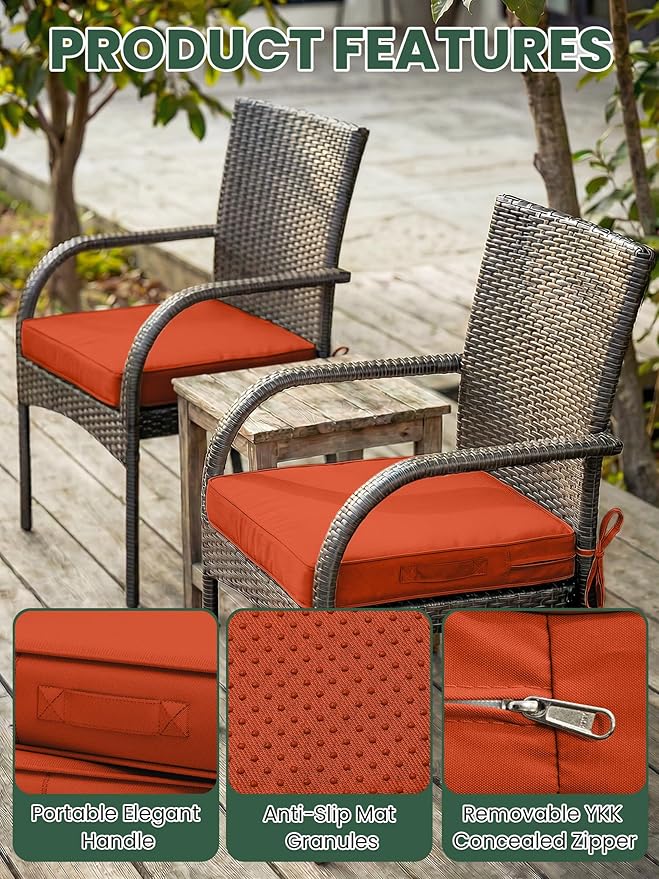 Outdoor Chair Cushion 17 x 16 x 3 Inches Patio Furniture Outdoor Waterproof Seat Cushion, Patio Chair Cushion with Handles and Ties, Square Dining Chair Cushion Set of 2, Orange
