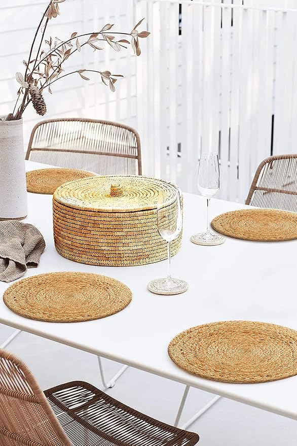 Hausattire Jute Braided Placemats 14 Inches Round Set of 4 Reversible Handwoven Boho Vintage Placemats for Kitchen Dining Tables|BBQ's Farmhouse Easter Decor Indoor & Outdoor Parties|Natural
