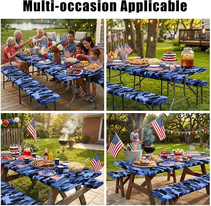 Smiry Picnic Table Cover with Bench Covers, Waterproof Elastic Fitted Tablecloth for 6 Foot Tables, Washable Polyester Camo Tablecloths for Camping & Patriotic Decor (Ocean Blue, 30x72 Inch 3-pc Set)