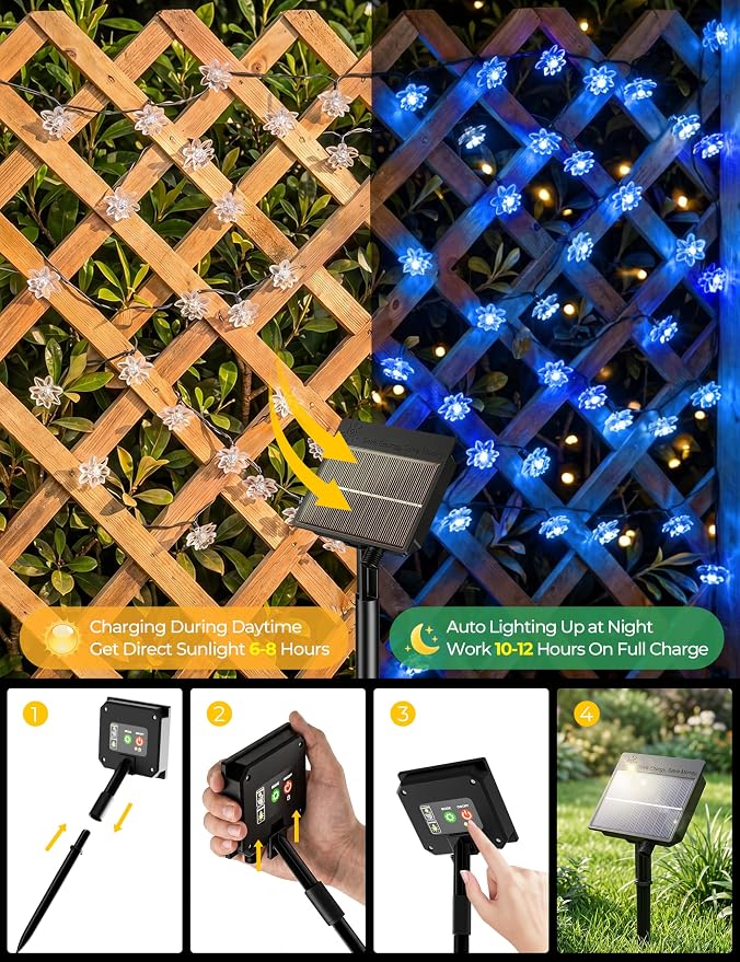 Brightown 50 LED Blue Flower Solar String Lights for Outside, 23FT Solar Christmas Lights Outdoor with 8 Modes, Fairy Lights Decorative for Yard Garden Fence Porch Tree Party Wedding