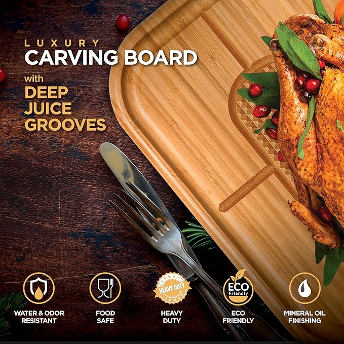 Meat Cutting Board - 18 x 13 Extra Large Bamboo Carving Board, Thick Butcher Block Cutting Board with Deep Juice Groove, Non Slip Center, Reversible Board for Steak, Brisket, Turkey, Grilling BBQ Prep
