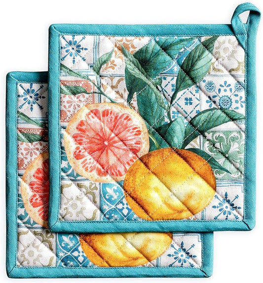 Maison d' Hermine Pot Holders 100% Cotton Heat Resistant Potholders 8" x 8" Hot Pads with Loop BBQ Cooking Baking Hotel Farmhouse Kitchen Handling Hot Pans Spring Summer (Pack of 2, Agrume)
