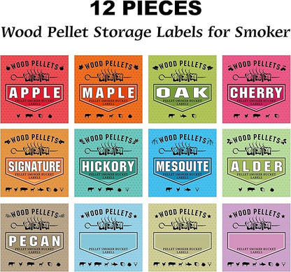 Smoker Grill Pellet Label Stickers - Set of 12 for Wood Pellet Storage Containers, Easy Identification of Different Flavors