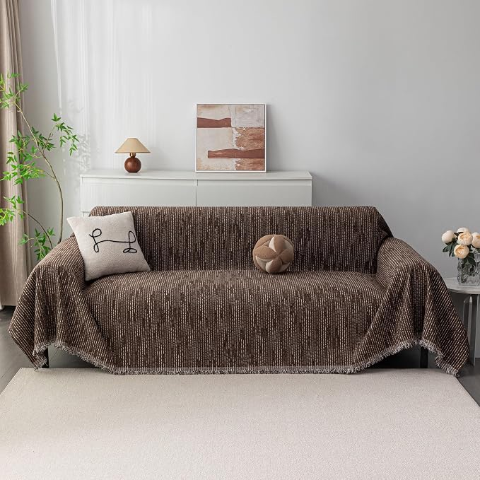 MYSKY HOME Boho Couch Cover Deep Chocolate Sofa Covers with Tassel Farmhouse Sofa Slipcover Simple Couch Protector for Dogs Chenille Sectional Couch Covers L Shaped Couch Cushion Covers, 71"x 134"