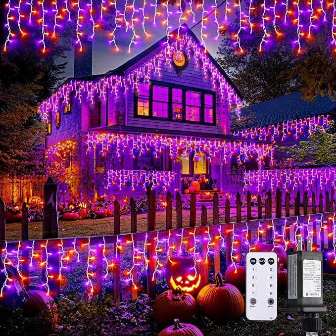 JMEXSUSS Orange and Purple Halloween Lights Outdoor, 400 LED 38.8 FT | Connectable Icicle Light Outdoor Waterproof, 8 Modes Halloween Lights Plug in for House Christmas Party Decorations