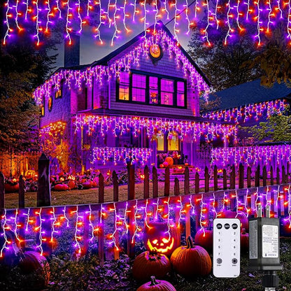 JMEXSUSS Orange and Purple Halloween Lights Outdoor, 400 LED 38.8 FT | Connectable Icicle Light Outdoor Waterproof, 8 Modes Halloween Lights Plug in for House Christmas Party Decorations
