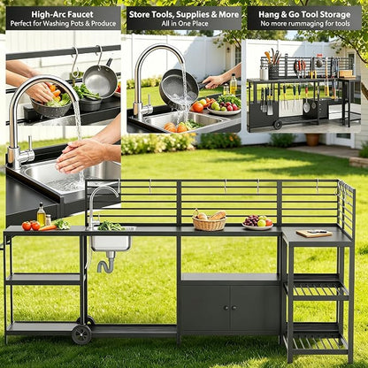 LEVELEVE Modular Outdoor Kitchen Island 5-Piece Set, Aluminum Outdoor Kitchen Cabinets Prep Station with Sink, Storage Cabinets & Shelves for Patio, Backyard & Deck