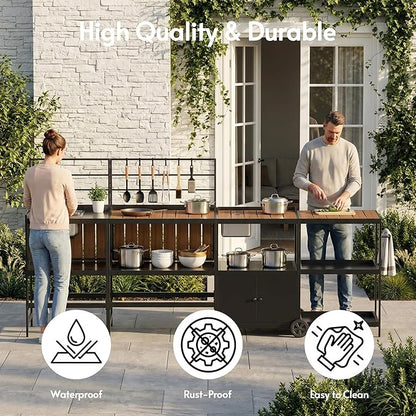 ENSTVER Modular Outdoor Kitchen with All-Aluminum Island & Cabinets, Stainless Steel Sink, Food-Safe Countertop, Outdoor Kitchen Island for Patio, Deck, Backyard,Black