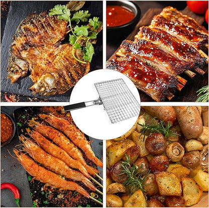 Fish Grilling Basket, Stainless Steel Grill Basket with Removable Handle, Portable Folding Grilling Rack for Outdoor Cooking Meat Vegetables Seafood BBQ