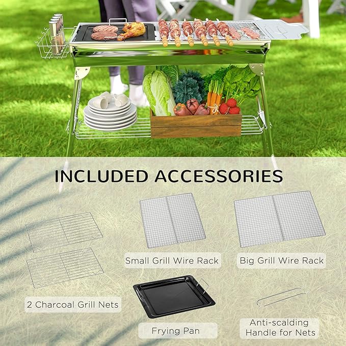 Portable Charcoal Grill with Storage, Stainless Steel Outdoor BBQ Grill for Camping, Tailgating, and Picnics