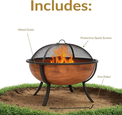 Sunnydaze 32-Inch Fire Pit for Outside - Wood-Burning Fire Pit Bowl with Spark Screen, Wood Grate, and Poker - Copper