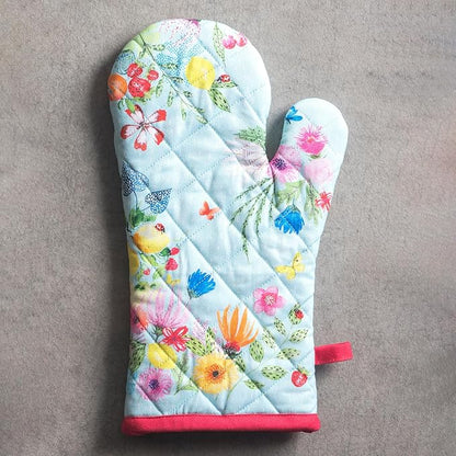 Maison d'Hermine Oven Gloves 100% Cotton Oven Mitt 7" x 13" with Loop Heat Resistant BBQ Cooking Gloves Baking Grilling Kitchen Hotel Home Farmhouse Spring Summer (Pack of 1, Jardin D'Ete - Mint)
