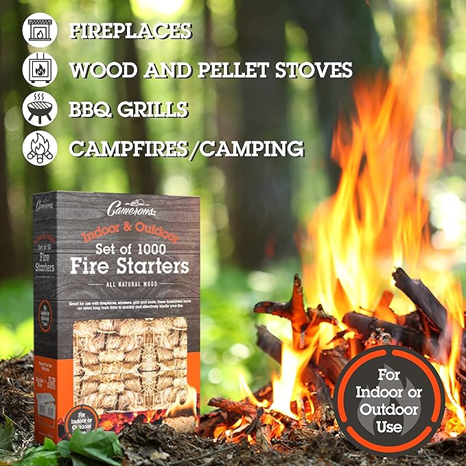 Camerons All Natural Fire Starters (1000 Pack)- Lightning Fast Hardwood Firelighters for Campfire, BBQ Charcoal Grill, Fire Pit & Indoor Fireplace - No Flare Up, Non-Toxic, Wood & Pellet Stove Starter