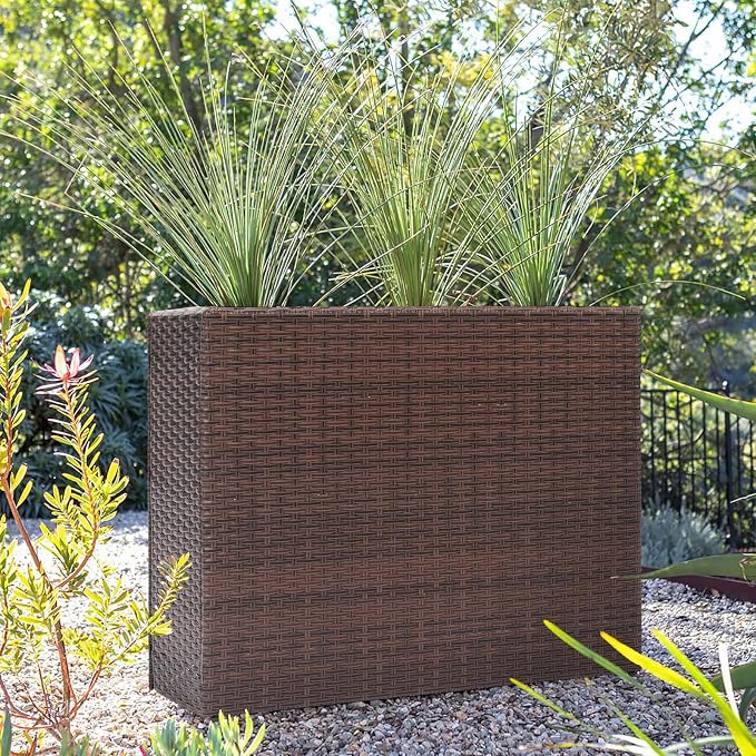 SUNNYPARK Large Rectangular Planter for Outdoor Rattan Block Box 38x11x30'' | All-Weather, Handmade PE Rattan, Removable Liner, Indoor Outdoor, Patio Porch Garden, Modern Design for Plants Flowers