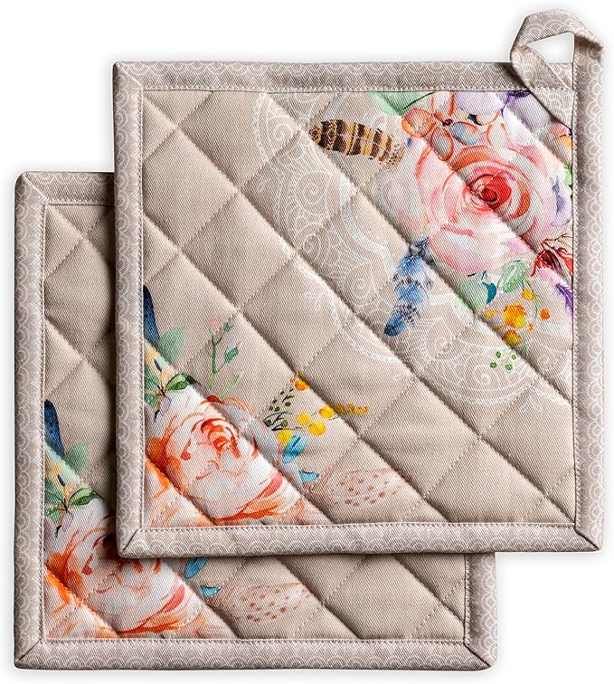 Maison d' Hermine Pot Holders 100% Cotton Heat Resistant Potholders 8" x 8" Hot Pads with Loop BBQ Cooking Baking Hotel Farmhouse Kitchen Handling Hot Pans Spring Summer (Pack of 2, Ibiza - Beige)