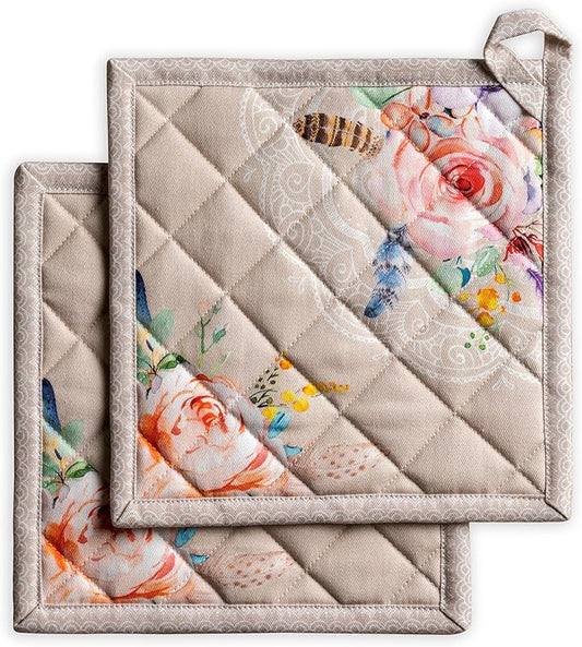 Maison d' Hermine Pot Holders 100% Cotton Heat Resistant Potholders 8" x 8" Hot Pads with Loop BBQ Cooking Baking Hotel Farmhouse Kitchen Handling Hot Pans Spring Summer (Pack of 2, Ibiza - Beige)