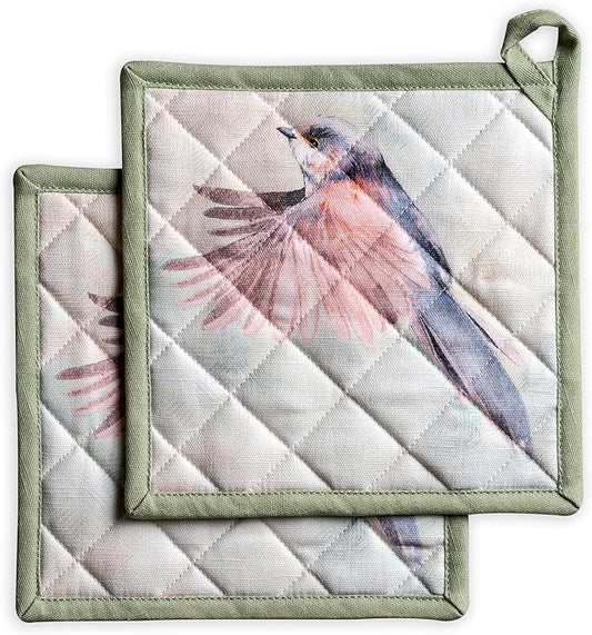 Maison d' Hermine Pot Holders 100% Cotton Heat Resistant Potholders 8" x 8" Hot Pads with Loop BBQ Cooking Baking Hotel Farmhouse Kitchen Handling Hot Pans Spring Summer (Pack of 2, Flying Birds)
